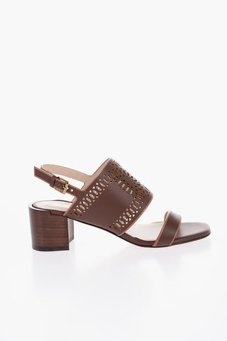 Laser Cut Leather Sandals with Wooden Heel 5,5cm