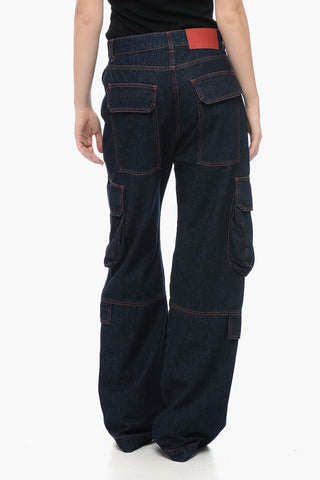 Jeans Cargo a Lavaggio Scuro con Cuciture a Vista