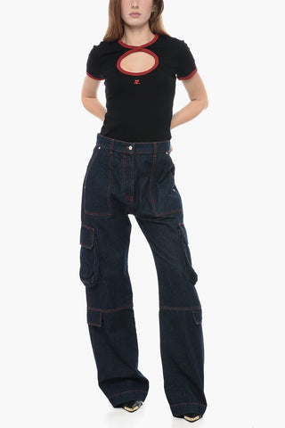 Jeans Cargo a Lavaggio Scuro con Cuciture a Vista