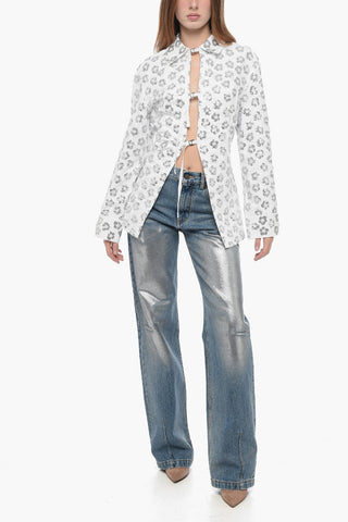 Sequined Floral Motif Shirt with Buckled Fastening