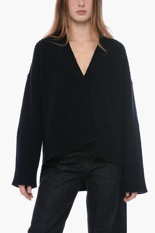Wool and Cashmere V-Neck Cardigan with Asymmetrical Hem