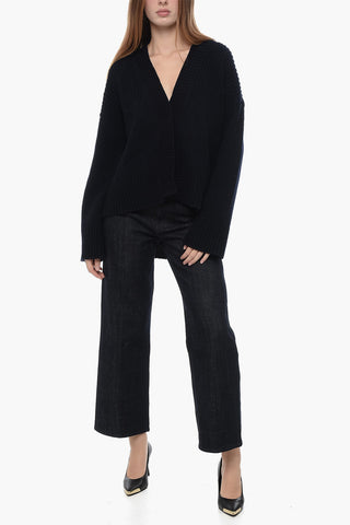 Wool and Cashmere V-Neck Cardigan with Asymmetrical Hem