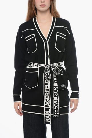 Cotton Blend Cardigan with Contrasting Details and Logoed Belt