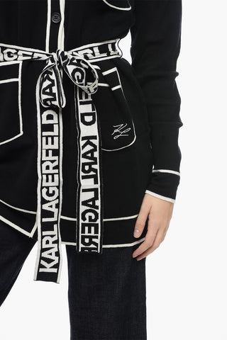 Cotton Blend Cardigan with Contrasting Details and Logoed Belt
