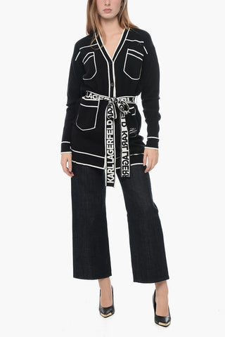 Cotton Blend Cardigan with Contrasting Details and Logoed Belt