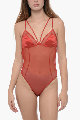 Stretch Fabric See-Through Bodysuit with Satin Triangle Cups
