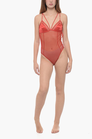 Stretch Fabric See-Through Bodysuit with Satin Triangle Cups