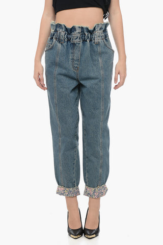 Jeans a Gamba Dritta con Elastico in Vita ed Orlo con Risvolto 16cm