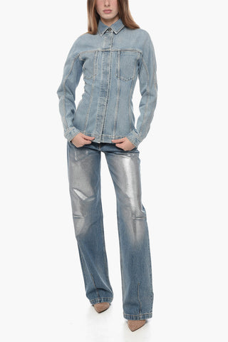 Giubbotto in Jeans Avvitato con Cuciture a Vista