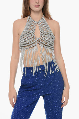 Woven Halter Top with Rhinestone