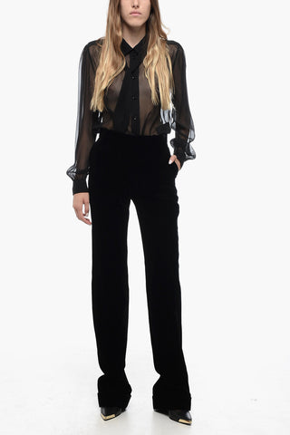 Velour High-Waisted Pants With Ankle Cuffs