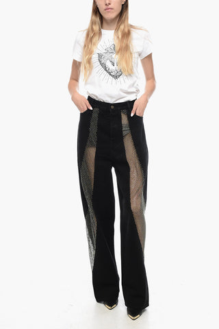 Wide Leg LADY RAY Denims with Mesh Inserts Embellished with Rhinestones 27cm