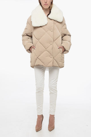 Piumino Oversize Trapuntato con Colletto in Fax-Fur