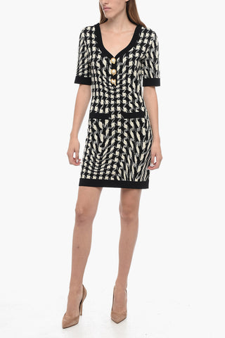 COUTURE Vestito Stretchy Motivo Pied De Poule con Bottoni Gioiello
