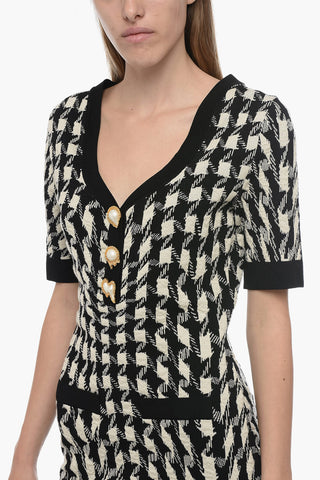COUTURE Vestito Stretchy Motivo Pied De Poule con Bottoni Gioiello