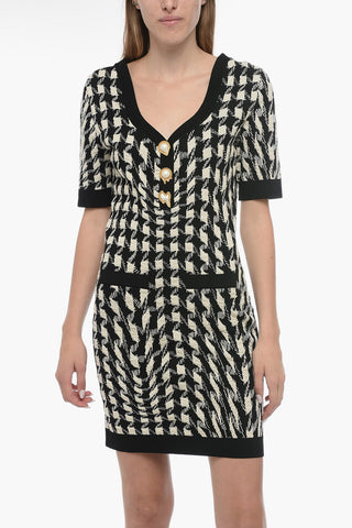 COUTURE Vestito Stretchy Motivo Pied De Poule con Bottoni Gioiello