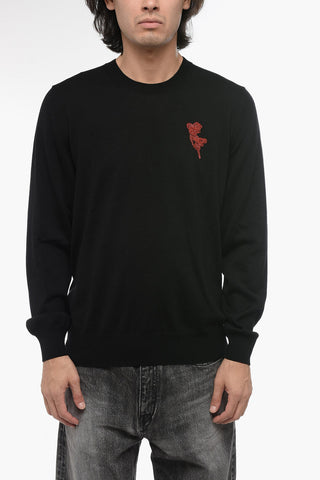 Crew Neck Wool Sweater with Beaded Embroidery