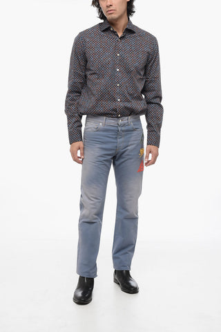 5 Pocket Cotton Pants with Patches and Embroideries