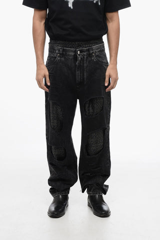 Jeans Strappati Stone Wash con Dettagli in Seta Monogram 22cm