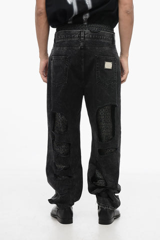Jeans Strappati Stone Wash con Dettagli in Seta Monogram 22cm