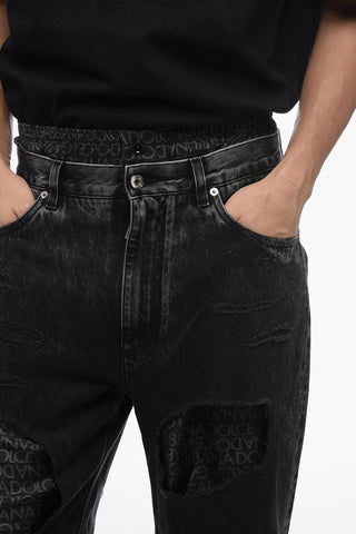 Jeans Strappati Stone Wash con Dettagli in Seta Monogram 22cm
