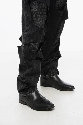 Jeans Strappati Stone Wash con Dettagli in Seta Monogram 22cm