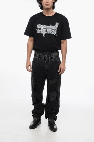 Jeans Strappati Stone Wash con Dettagli in Seta Monogram 22cm