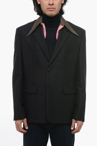 Wool Blend Single-Breasted Blazer With Removable Collar