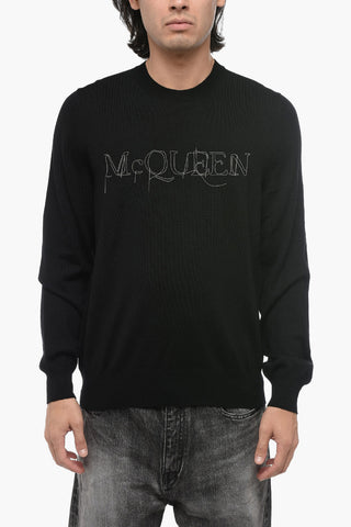 Crew Neck Wool Sweater with Metallic Logo