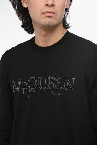 Crew Neck Wool Sweater with Metallic Logo