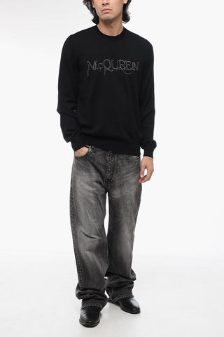 Crew Neck Wool Sweater with Metallic Logo