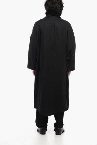 Double-breasted Linen Coat With Ribbon Collar