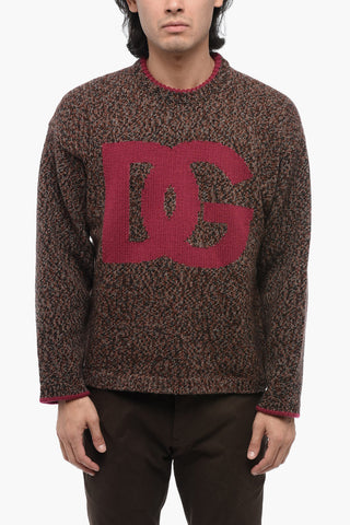 Crew Neck Wool Blend Pullover with Jacquard Logo