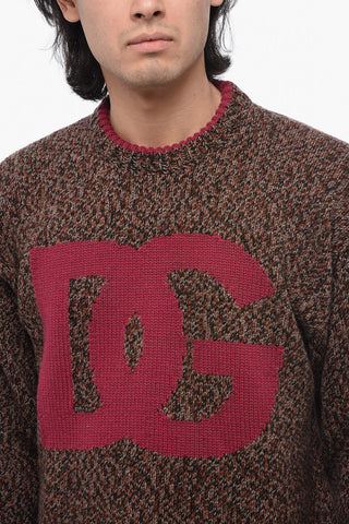 Crew Neck Wool Blend Pullover with Jacquard Logo