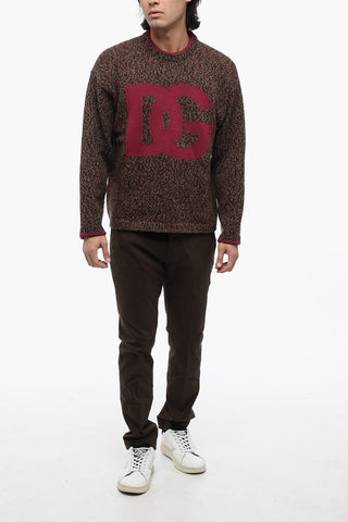 Crew Neck Wool Blend Pullover with Jacquard Logo