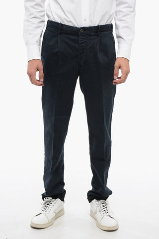 Single-Pleat Stretch Cotton Pants with Elastic Waistband