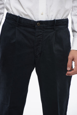 Single-Pleat Stretch Cotton Pants with Elastic Waistband