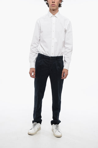 Single-Pleat Stretch Cotton Pants with Elastic Waistband