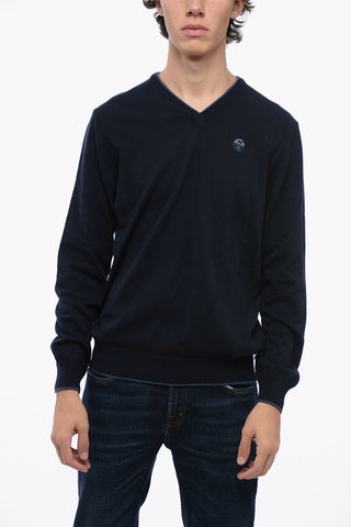Wool Blend V-Neck Sweater with Contrasting Edges