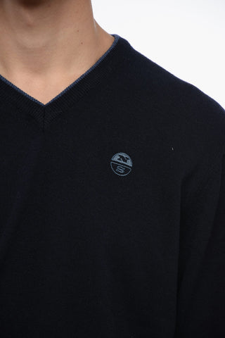Wool Blend V-Neck Sweater with Contrasting Edges