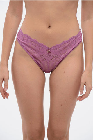 EMPORIO Solid Color Lace Brazilian Briefs with Logo Charm