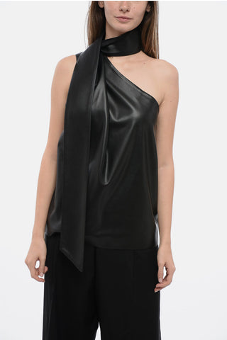 Eco-Leather One-Shoulder Top with Drapped Scarf