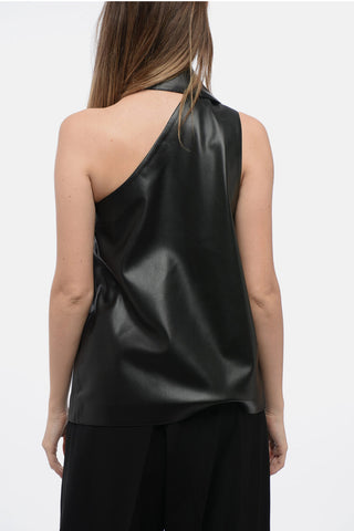 Eco-Leather One-Shoulder Top with Drapped Scarf
