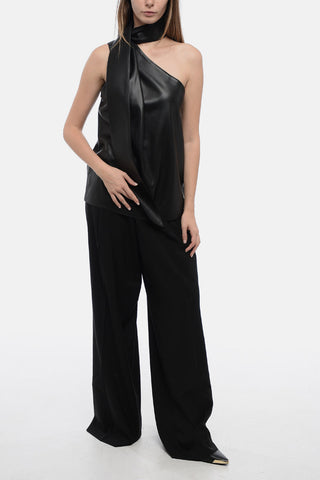 Eco-Leather One-Shoulder Top with Drapped Scarf