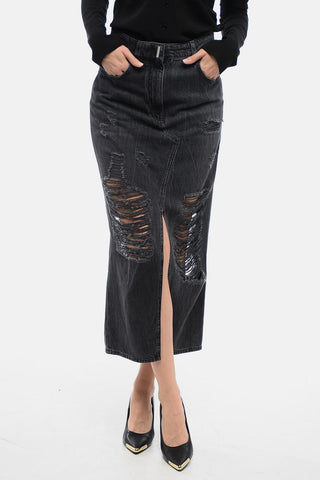Gonna in Denim Distressed con Doppio Spacco