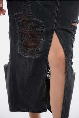 Gonna in Denim Distressed con Doppio Spacco