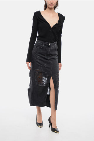Distressed Demim Skirt with Double Split