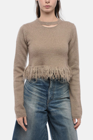 Mohair Blend Cropped Fit Sweater with Fringed Hem