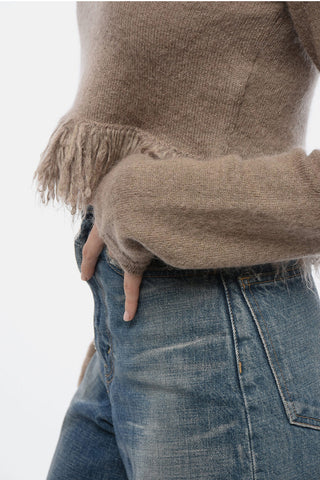 Mohair Blend Cropped Fit Sweater with Fringed Hem