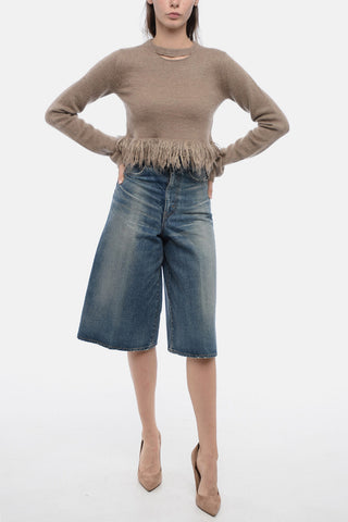 Mohair Blend Cropped Fit Sweater with Fringed Hem